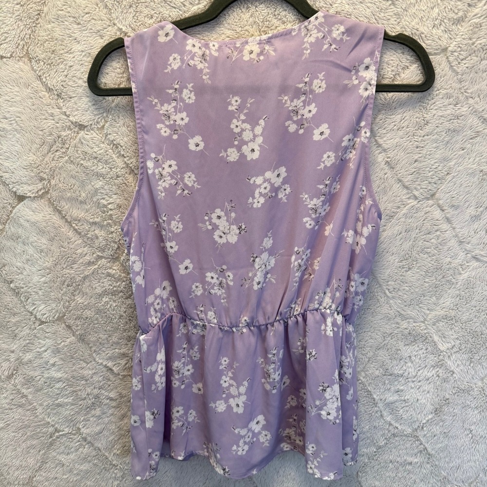 Pleione Lavendar Lilac Purple Ditsy Floral Faux Wrap Peplum Blouse S Career - Picture 9 of 9